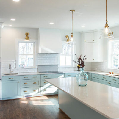 Transitional style kitchen remodel in Hume - Golden Rule Builders - Kitchen remodel in Stafford VA, Large kitchen with lots of counter and storage space, and light from its many beautiful hanging lights, or many windows that offer lots of natural light